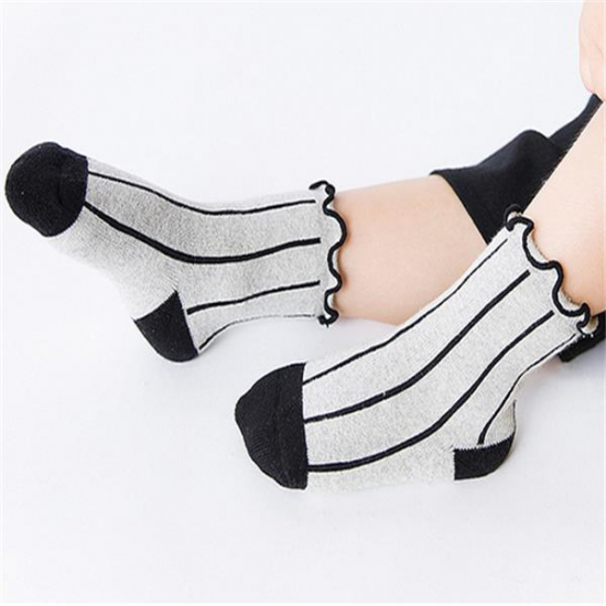5 Pairs Kids Cotton Thickened Socks Lace Terry Crew Vertical Stripes Boneless Socks