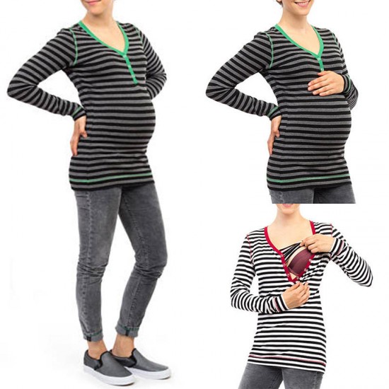 Women Striped Long Sleeve V-neck Casual Breastfeeding Clothing Tops