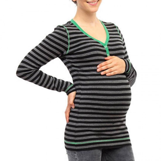 Women Striped Long Sleeve V-neck Casual Breastfeeding Clothing Tops