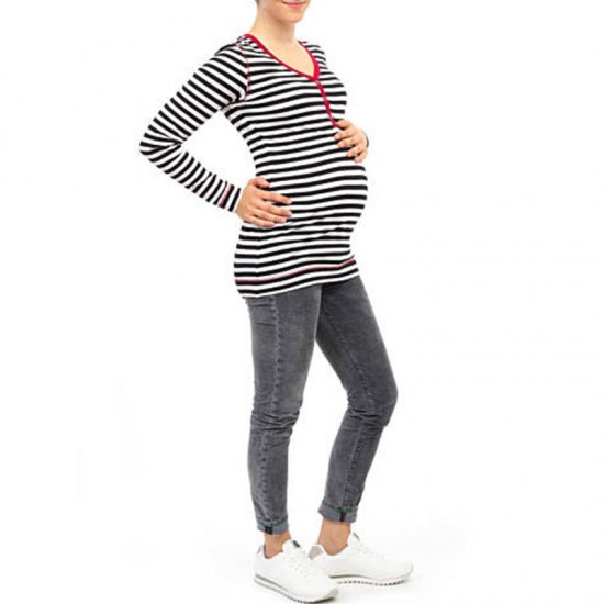 Women Striped Long Sleeve V-neck Casual Breastfeeding Clothing Tops