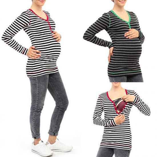 Women Striped Long Sleeve V-neck Casual Breastfeeding Clothing Tops