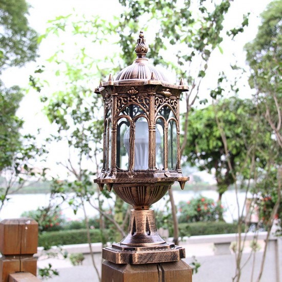 220V E27 Exterior Antique Brass Post Fence Lantern Light Landscape Garden Lamp