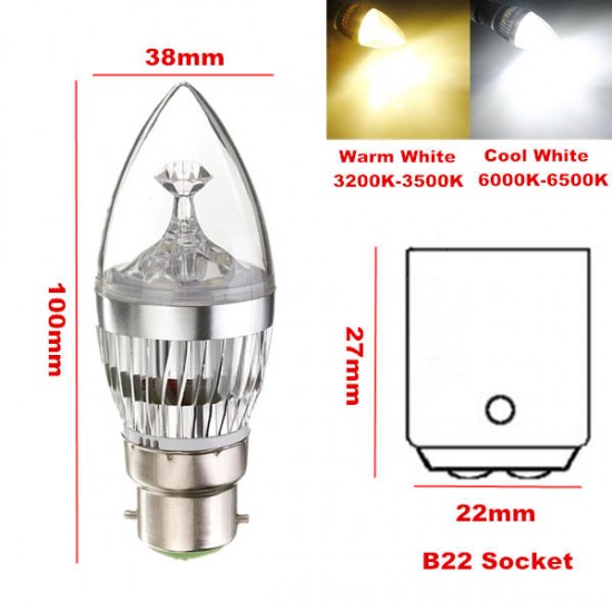 Dimmable B22 9W 3 LED White/Warm White LED Candle Light Bulb 220V