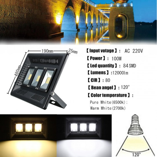 100W LED Ultra Thin Waterproof Flood Light Outdooors Garden Yard Lamp AC220V
