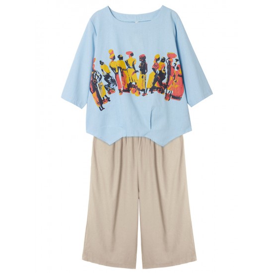 Loose Women Character Graffiti Two-piece T-shirt Palazzo Pants Loose Women Character Graffiti Two-piece T-shirt Palazzo Pants
