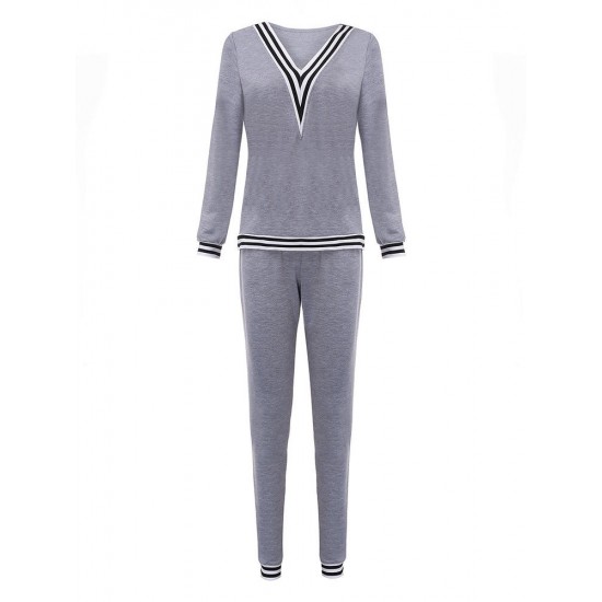 Sport Casual V Neck Stripe Patchwork Tracksuit Sport Casual V Neck Stripe Patchwork Tracksuit