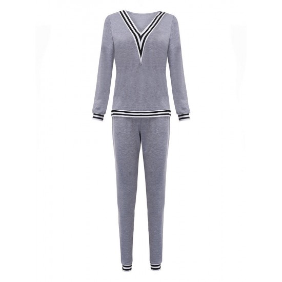 Sport Casual V Neck Stripe Patchwork Tracksuit