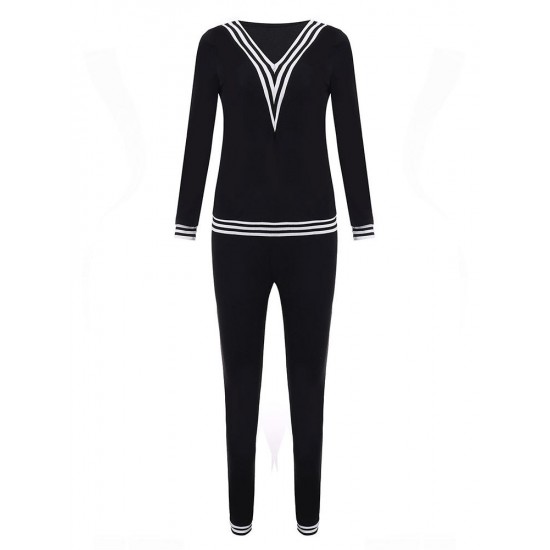 Sport Casual V Neck Stripe Patchwork Tracksuit