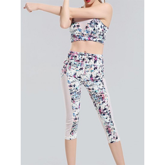 Women Colorful Printing Yoga Tracksuit Fitness Leggings Vest Bra Sport Suit