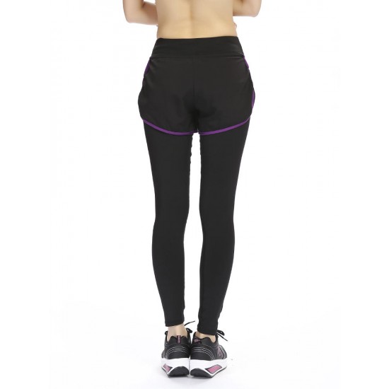 Women Fitness Yoga Workout Leisure Elastic False Two-piece Ninth Pants Leggings Sportswear