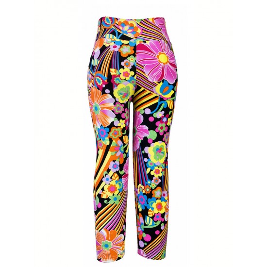 Women Work Out Cropped Trousers Multi Pattern Printed Sports Yoga Stretch Leggings Pants