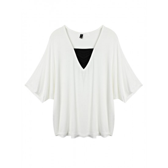 Loose Women Fake Two-piece Patchwork Batwing Sleeve T-shirt