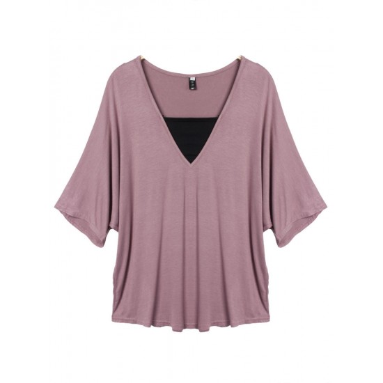 Loose Women Fake Two-piece Patchwork Batwing Sleeve T-shirt