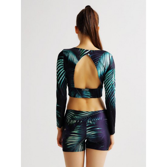 Sport Sexy Women 3D Leaf Printing Long Sleeve Yoga Cropped Top Sport Sexy Women 3D Leaf Printing Long Sleeve Yoga Cropped Top