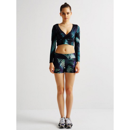 Sport Sexy Women 3D Leaf Printing Long Sleeve Yoga Cropped Top