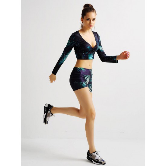 Sport Sexy Women 3D Leaf Printing Long Sleeve Yoga Cropped Top