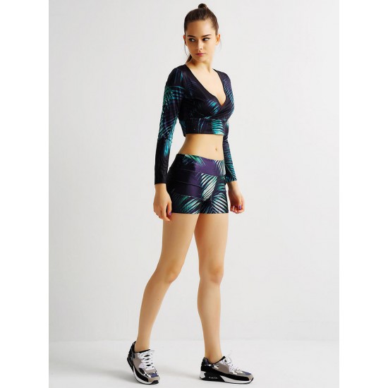 Sport Sexy Women 3D Leaf Printing Long Sleeve Yoga Cropped Top