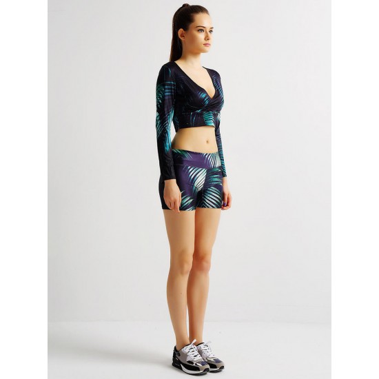 Sport Sexy Women 3D Leaf Printing Long Sleeve Yoga Cropped Top Sport Sexy Women 3D Leaf Printing Long Sleeve Yoga Cropped Top