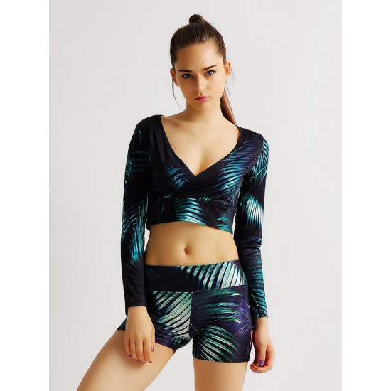 Sport Sexy Women 3D Leaf Printing Long Sleeve Yoga Cropped Top