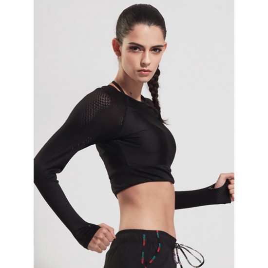 Women Long Sleeve Mesh Stitching Elastic Yoga Running Training Crop Tops Women Long Sleeve Mesh Stitching Elastic Yoga Running Training Crop Tops