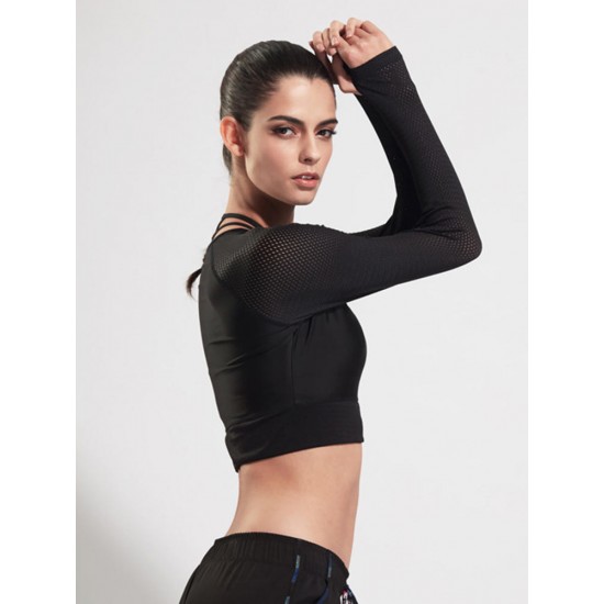Women Long Sleeve Mesh Stitching Elastic Yoga Running Training Crop Tops