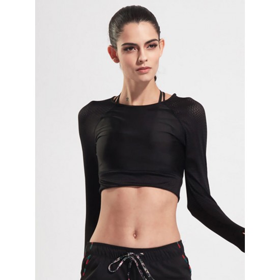 Women Long Sleeve Mesh Stitching Elastic Yoga Running Training Crop Tops