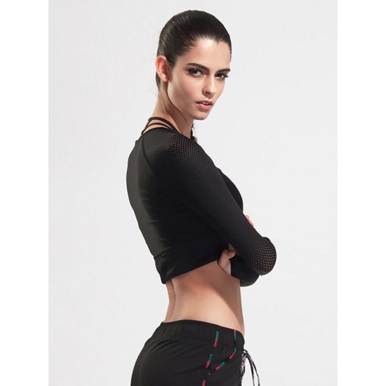 Women Long Sleeve Mesh Stitching Elastic Yoga Running Training Crop Tops Women Long Sleeve Mesh Stitching Elastic Yoga Running Training Crop Tops