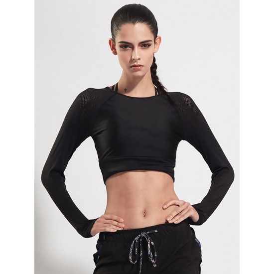 Women Long Sleeve Mesh Stitching Elastic Yoga Running Training Crop Tops Women Long Sleeve Mesh Stitching Elastic Yoga Running Training Crop Tops