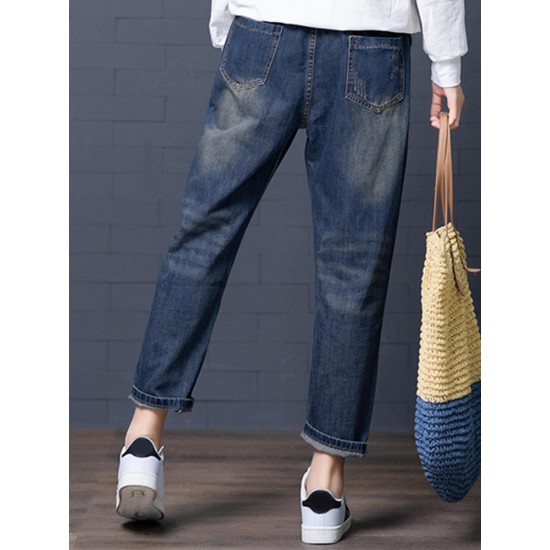 Cartoon Embroidery Hollow Elastic Drawstring Waist Denim Jeans