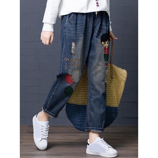 Cartoon Embroidery Hollow Elastic Drawstring Waist Denim Jeans