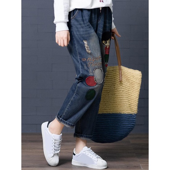 Cartoon Embroidery Hollow Elastic Drawstring Waist Denim Jeans