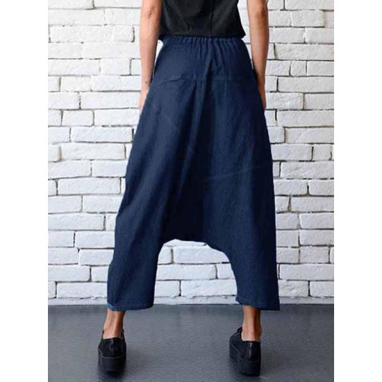 Casual Women Denim Pocket Elastic Waist Drop Crotch Harem Pants