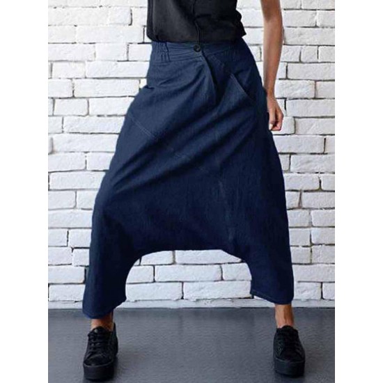 Casual Women Denim Pocket Elastic Waist Drop Crotch Harem Pants