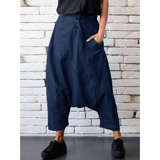 Casual Women Denim Pocket Elastic Waist Drop Crotch Harem Pants