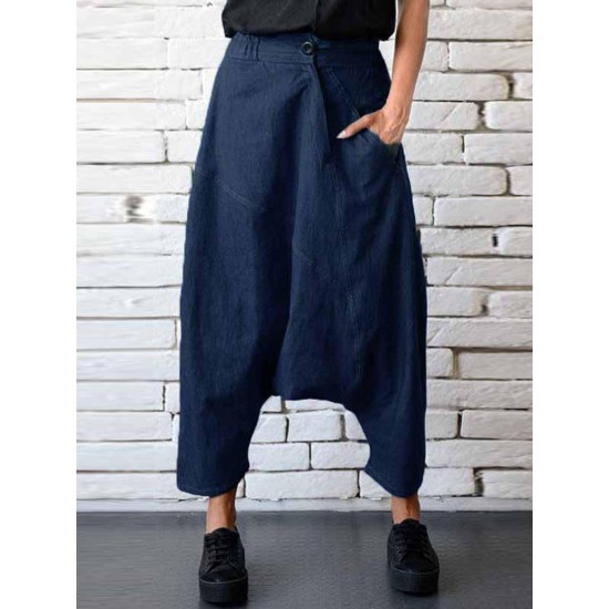 Casual Women Denim Pocket Elastic Waist Drop Crotch Harem Pants