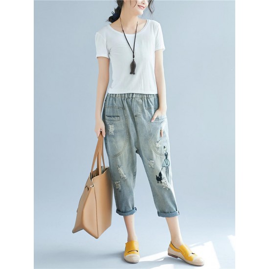 Casual Women Elastic Waist Embroidered Pocket Denim Jeans