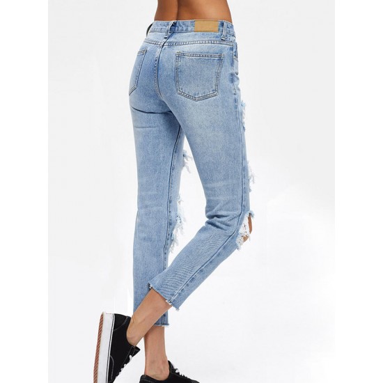 Casual Women Ripped Hole Mid Rise Cropped Jeans