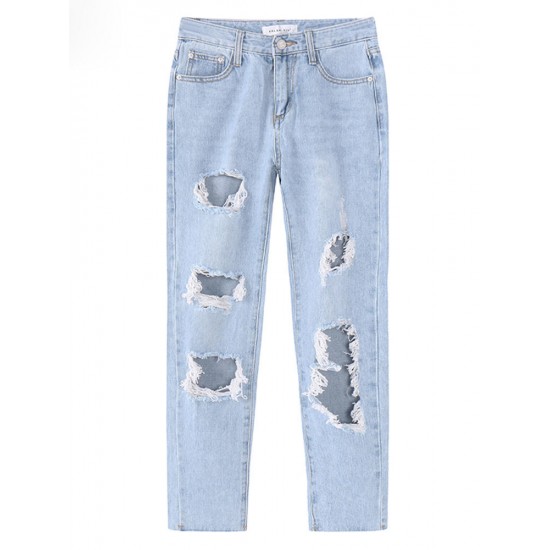 Casual Women Ripped Hole Mid Rise Cropped Jeans