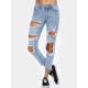 Casual Women Ripped Hole Mid Rise Cropped Jeans