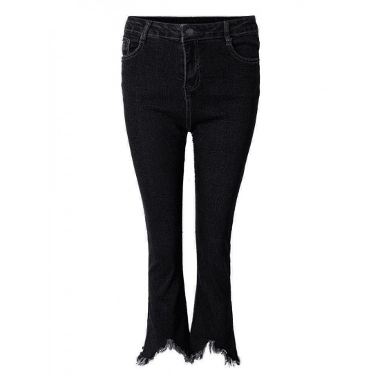 Casual Women Zipper Slim Ripped Tassel Flare Ninth Denim Jeans