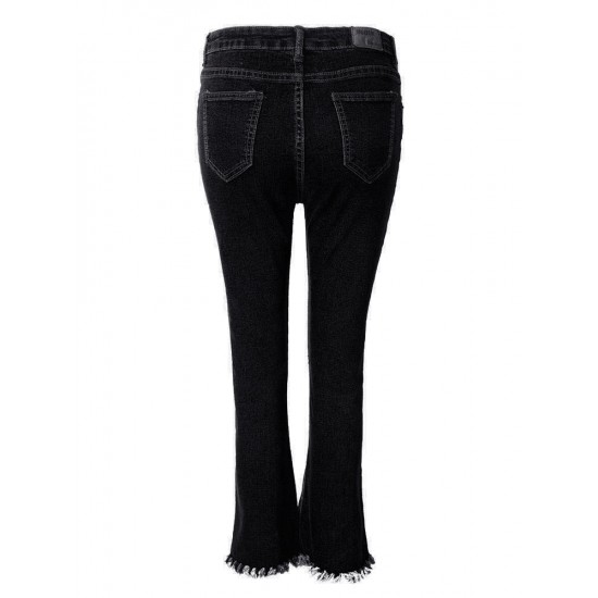 Casual Women Zipper Slim Ripped Tassel Flare Ninth Denim Jeans