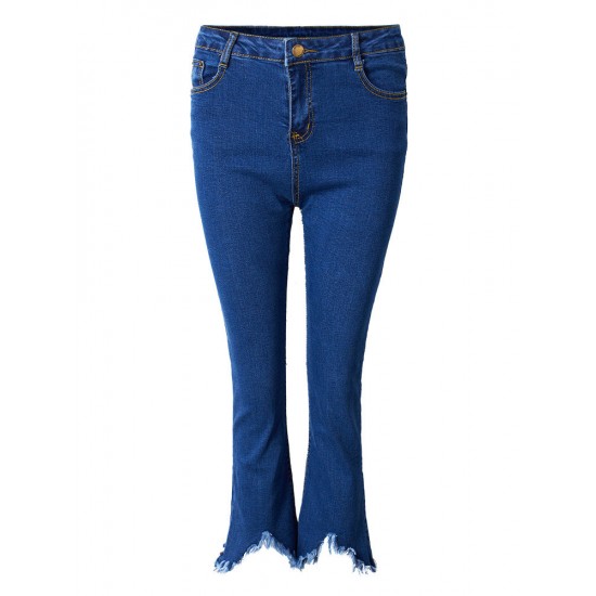 Casual Women Zipper Slim Ripped Tassel Flare Ninth Denim Jeans