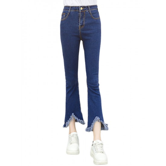 Casual Women Zipper Slim Ripped Tassel Flare Ninth Denim Jeans