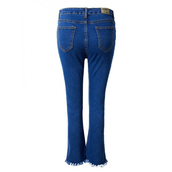 Casual Women Zipper Slim Ripped Tassel Flare Ninth Denim Jeans