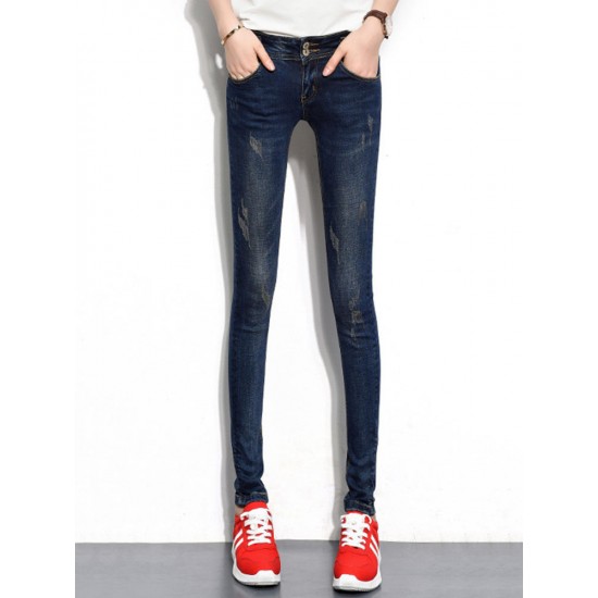 Dark Blue Women High Waist Elastic Slim Denim Jeans with Pockets