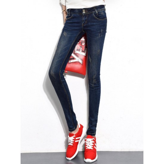 Dark Blue Women High Waist Elastic Slim Denim Jeans with Pockets