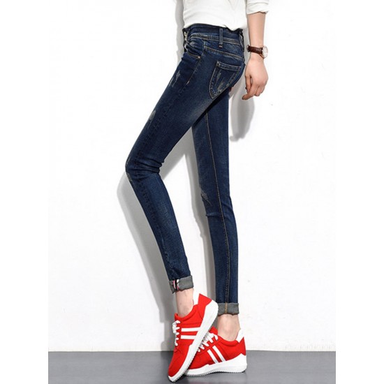 Dark Blue Women High Waist Elastic Slim Denim Jeans with Pockets