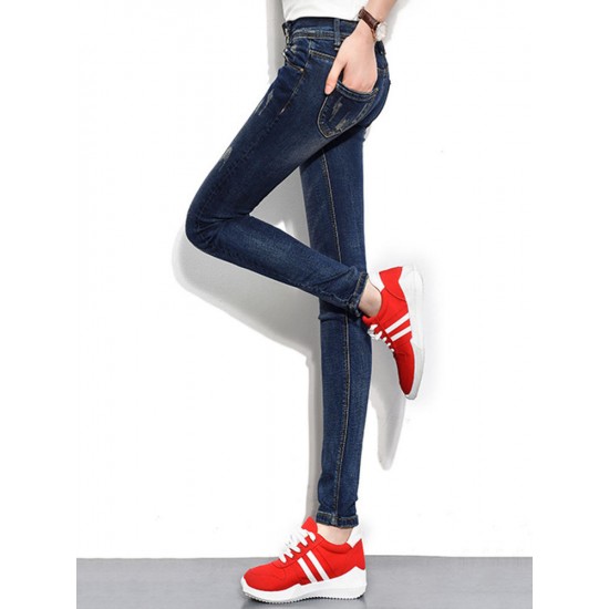 Dark Blue Women High Waist Elastic Slim Denim Jeans with Pockets