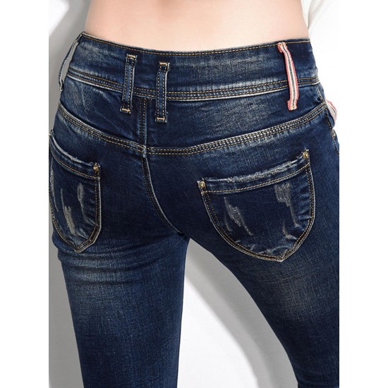 Dark Blue Women High Waist Elastic Slim Denim Jeans with Pockets