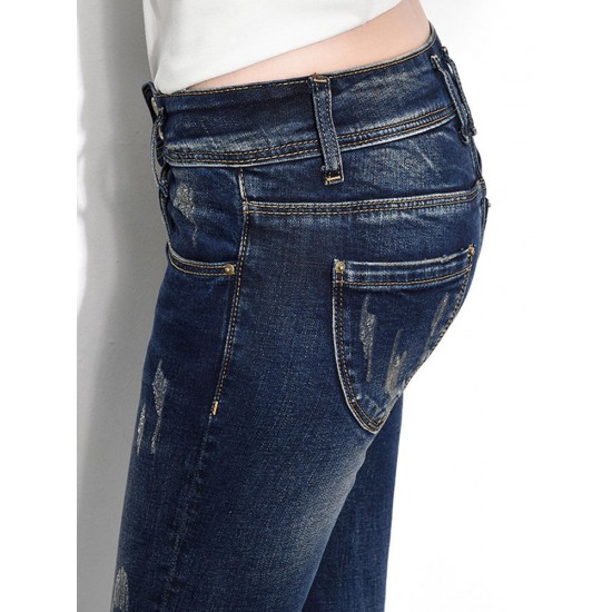 Dark Blue Women High Waist Elastic Slim Denim Jeans with Pockets